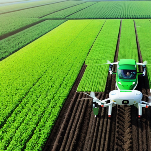An image of a farmer using biotech solutions, such as drones or precision farming tools, with a background of a lush green landscape, representing the transformation of farming practices towards sustainability.
