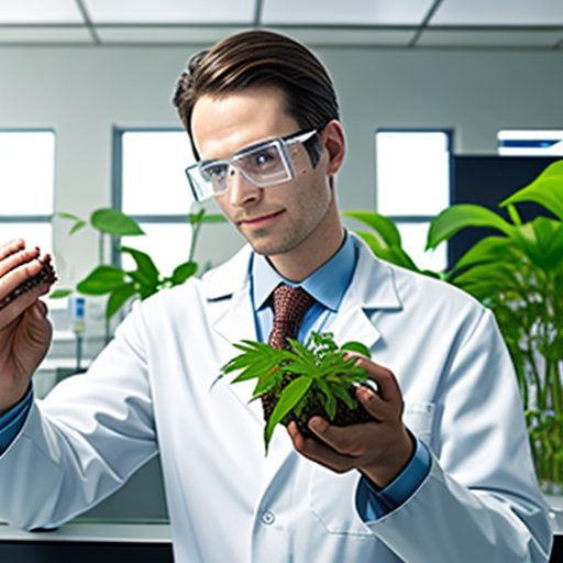 An image of a biotech lab scientist holding a plant or seed with a futuristic, high-tech laboratory setting in the background. Biotechnology for Agriculture: Maximizing Crop Yield