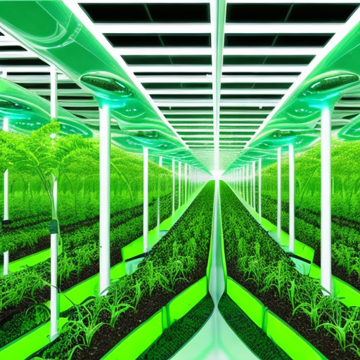 An image of a futuristic biotech farm, with crops growing in a controlled environment, showcasing the potential of biotech to revolutionize agriculture and create a sustainable future. The image should be visually stunning and eye-catching, with bold colors and striking imagery to capture the audience's attention. Biotechnology for Agriculture: Maximizing Crop Yield
