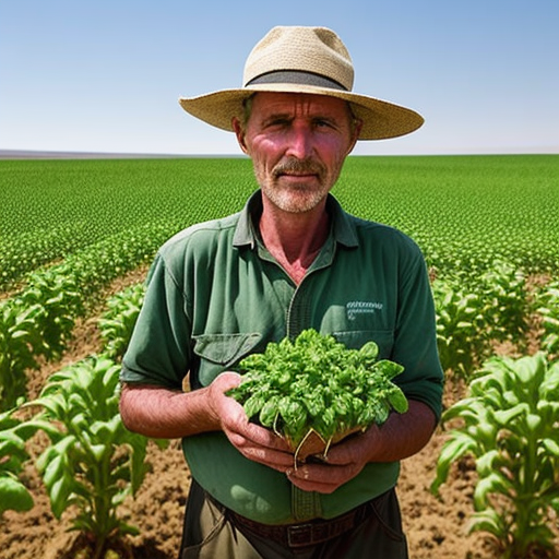 An image of a farmer holding a drought-resistant crop plant, with a background of barren land or drought-stricken fields, highlighting the role of biotech in addressing global food production challenges.
