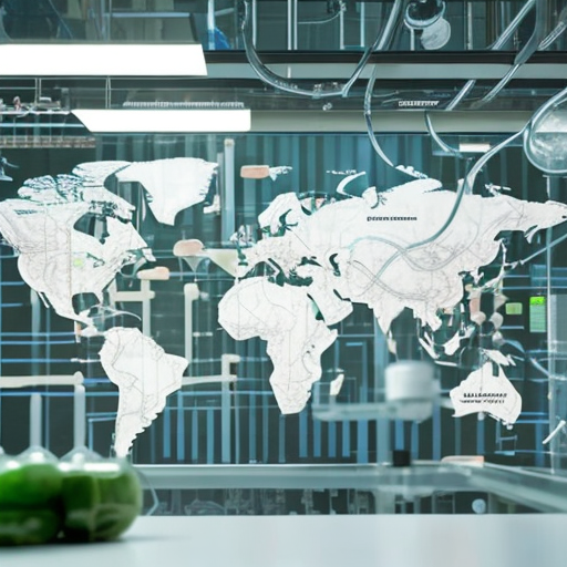 An image of a biotech facility or laboratory, with a background of a global map or food security data, highlighting the impact of biotech solutions on food security.