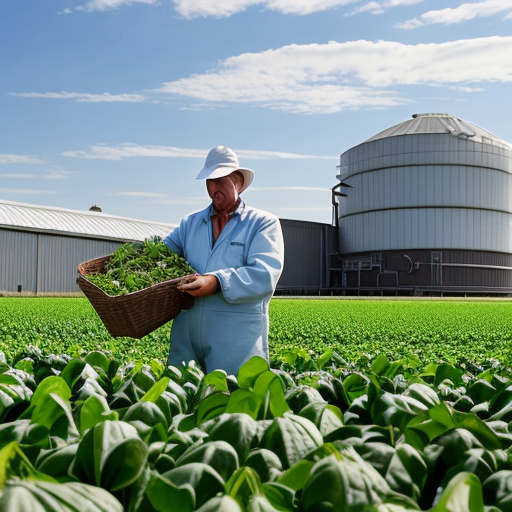 An image of a farmer holding a bountiful harvest, with a laboratory or research facility in the background.