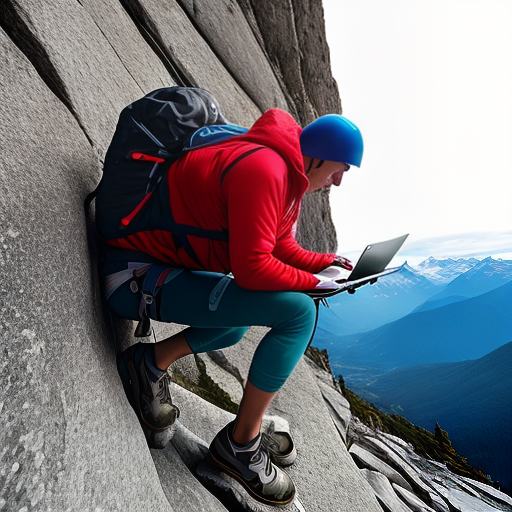 An image of a person climbing a steep mountain, with a laptop and textbooks strapped to their back. The person is shown taking a break, looking exhausted and frustrated, while looking up at the challenging terrain ahead. The mountain represents the challenges and obstacles that computer science students may face, such as difficult coursework, complex programming languages, and long hours spent coding. The image encourages perseverance and resilience in the face of these challenges, highlighting the importance of taking breaks and seeking support when needed. It also represents the sense of accomplishment and satisfaction that comes with overcoming obstacles and reaching the summit.